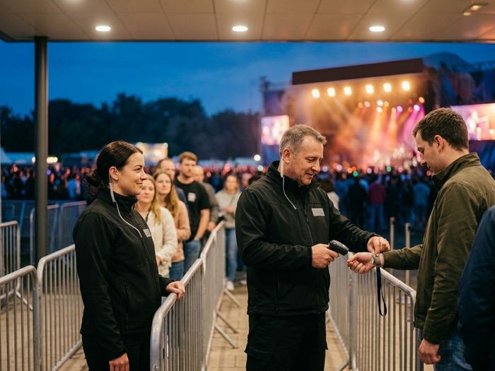 Sicherheitspersonal kontrolliert Bändchen am Einlass eines Open-Air-Konzerts