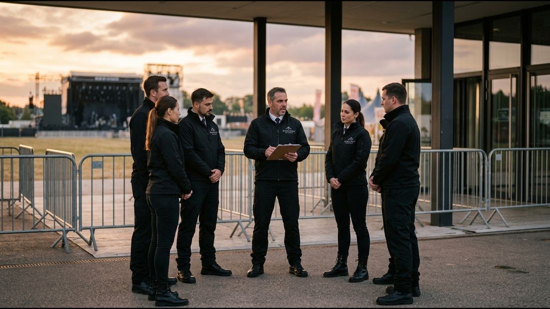 Einsatzleiter von Black Rock Security weist sein Team vor einer Veranstaltung ein