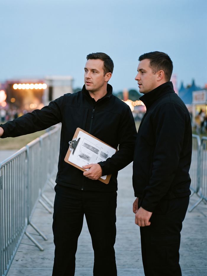 Einsatzleiter von Black Rock Security bespricht die Einsatzplanung an der Absperrung