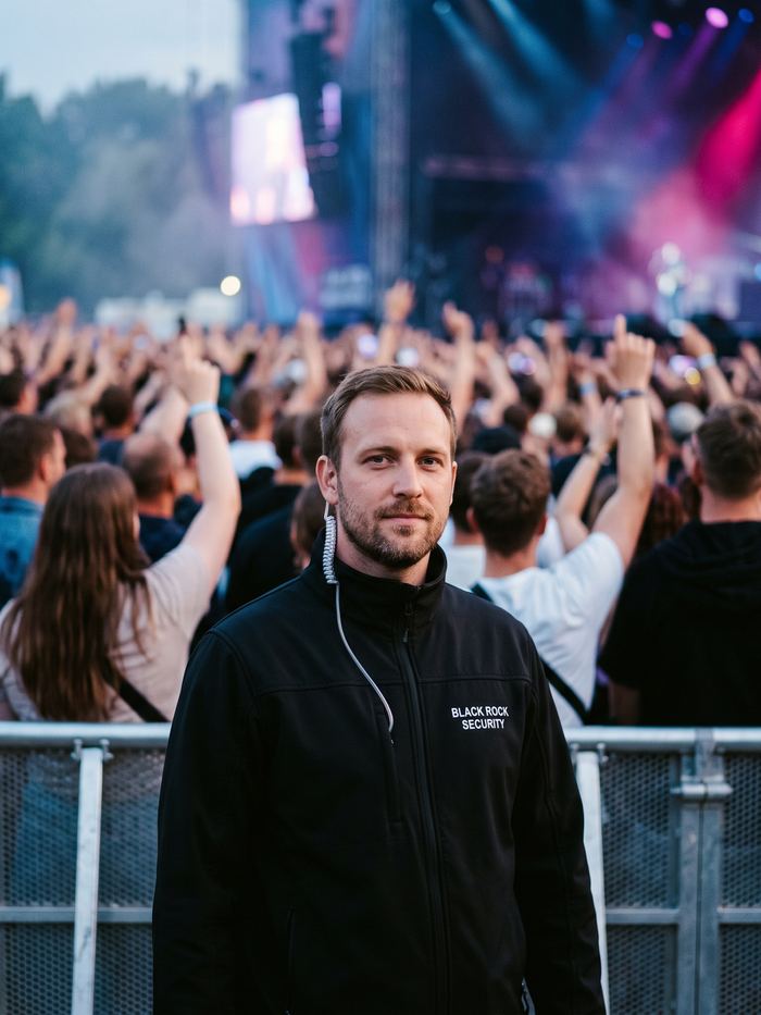 Ordner von Black Rock Security am Absperrgitter vor dem Publikum eines Konzerts