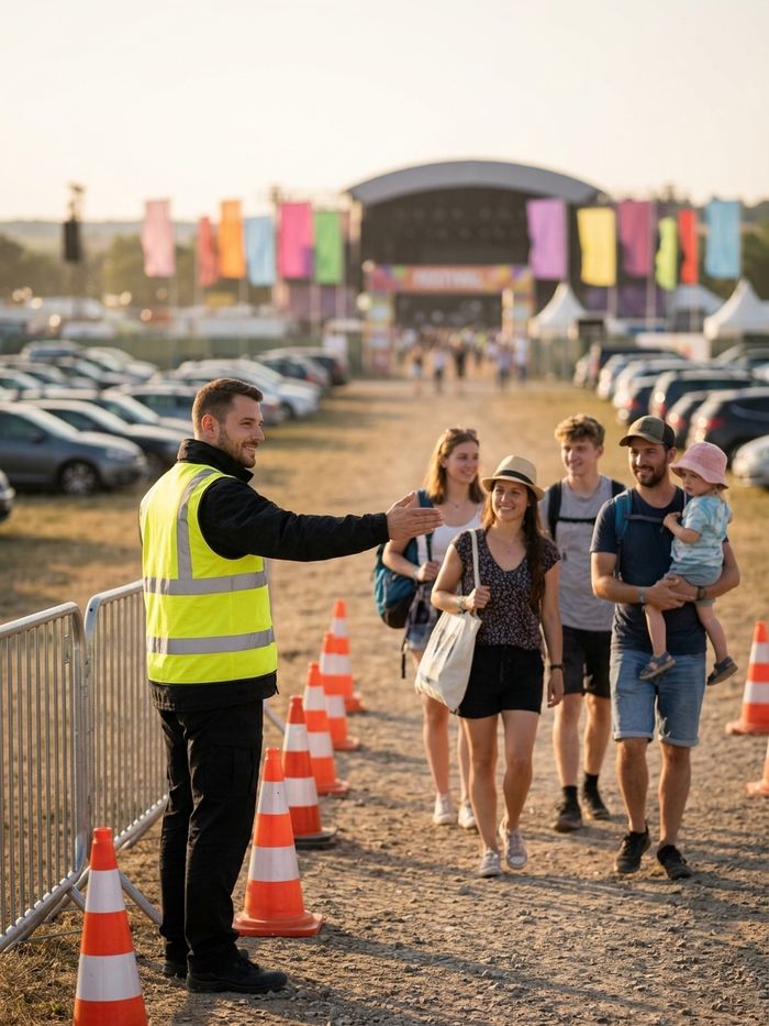 Ordner von Black Rock Security weist Besucher auf dem Parkplatz eines Open-Air-Festivals ein